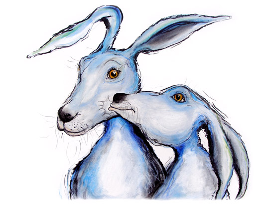 blue hares kissing, hare art,