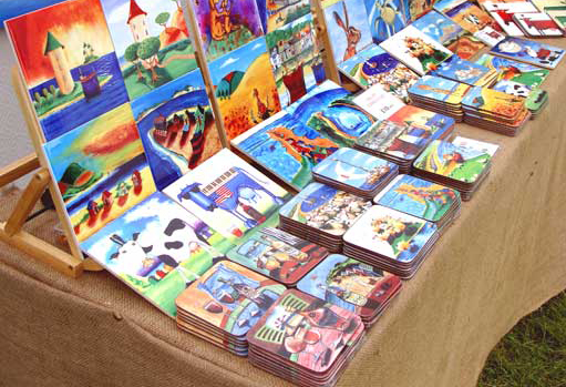 Fineart tiles, Coasters, Paintings fired on to tiles, colourful ceramic tiles, naive art, set of contemporary coasters, Bright colourful contemporary tiles, 