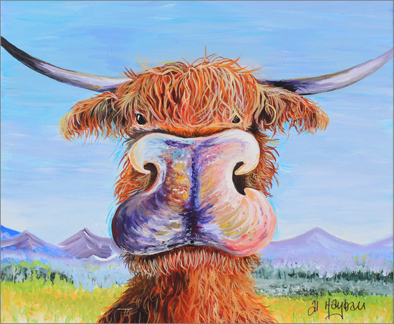 highland cow, acrylic art, Ginger the cow,