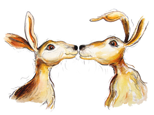 golden kissing hares, hare art by al hayball.
