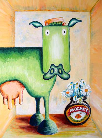 moomite cow, still life with daisy, green cow,